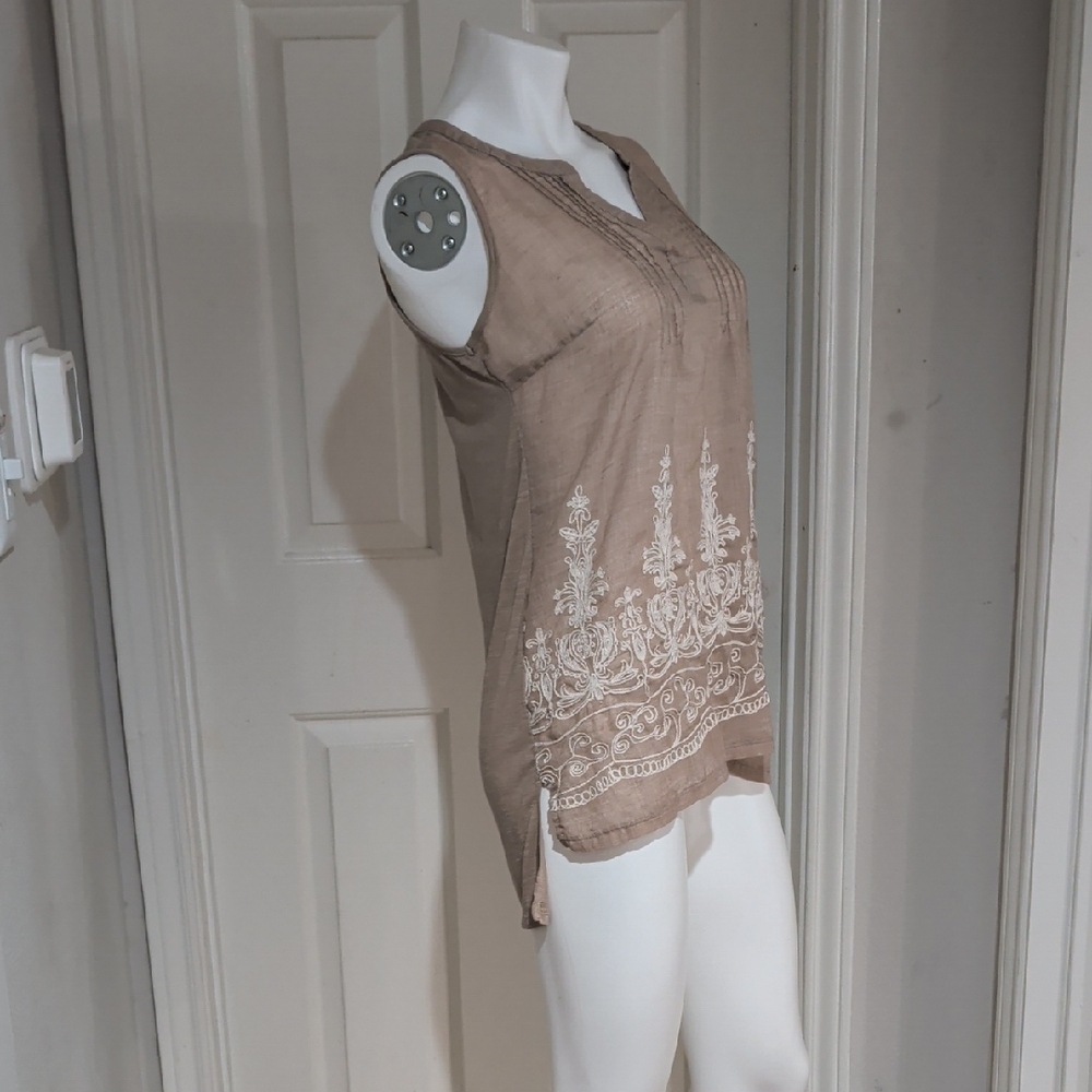 Retrology Sheer Sleeveless Embroidered Tunic Top - Taupe Women's Large - Picture 2 of 7
